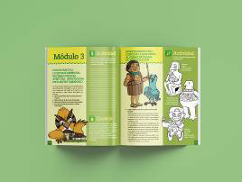 Figuras 3 y 4. Dos aspectos de la guía Artesanitos del Museo Taminango. 20,5 x 25,5 cm, 28 páginas (2012). Concepto pedagógico: Sonia Patiño. Diseño e ilustraciones: Iván Benavides.