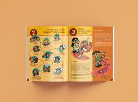 Figuras 6 y 7. Dos aspectos de la guía Zumbambicos, cuspes y canicas del Museo Taminango. 20,5 x 25,5 cm, 16 páginas (2015). Coordinación y concepto pedagógico: Sonia Patiño. Talleristas: maestra Eunice del Rocío Meneses, maestra Sandra Ivania Guerrero y el licenciado Giovanny Alberto Caicedo. Diseño e ilustraciones: Iván Benavides.