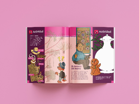 Figuras 10 y 11. Dos aspectos de la guía La minga del Museo Taminango. 20,5 x 25,5 cm, 12 páginas (2018). Coordinación y concepto pedagógico: Sonia Patiño. Talleristas: maestra Eunice del Rocío Meneses, Maestra Ana del Carmen Mesías Buchely y licencido Giovanny Alberto Caicedo. Diseño e ilustraciones: Iván Benavides.