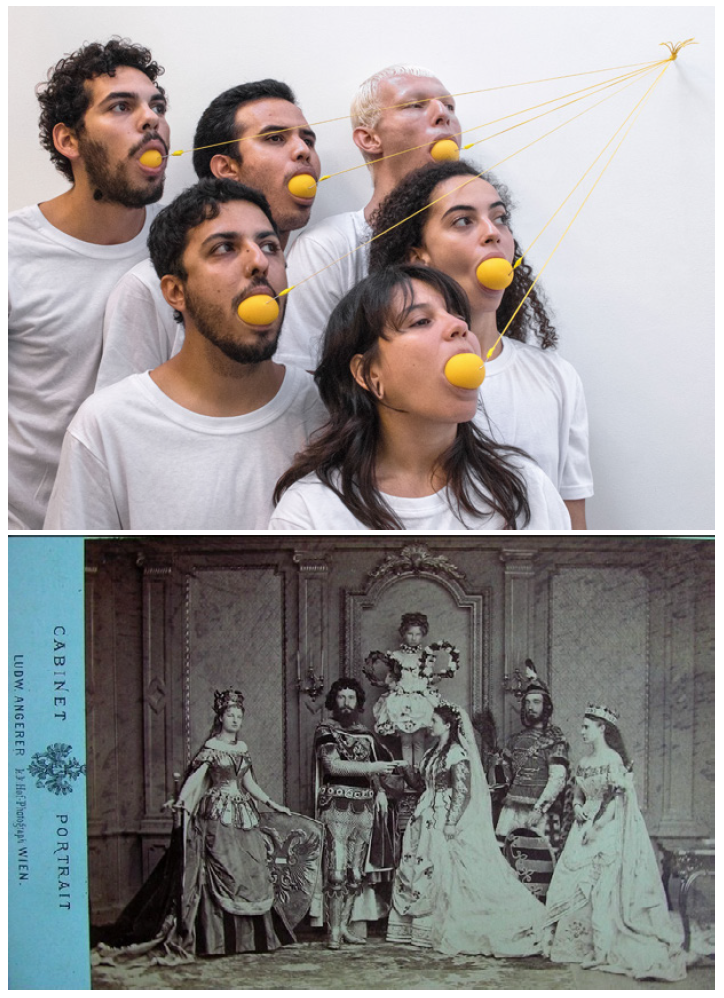 Figuras 2 e 3. Jorge Soledar. Embocadura coletiva para selfies, 2020. Tableau vivant de aristocratas em Viena, séc. xix. Fonte: «A royal tableaux vivant» (2019, 8 de novembro).