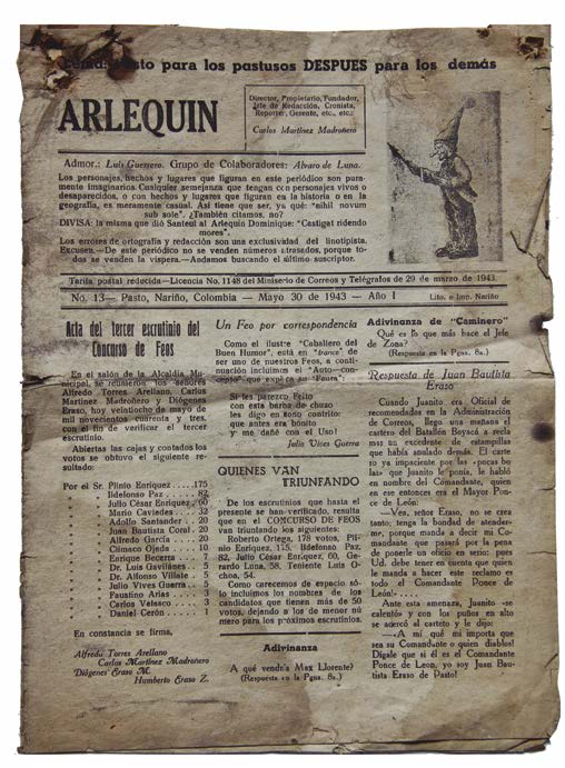 Fig. 9. Primera página periódico Arlequín. Tomada de Museo Juan Lorenzo Lucero. 30 de mayo de 1943.