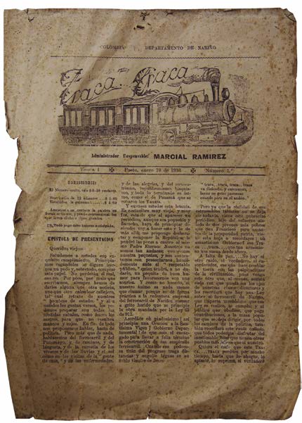 Fig. 8. Primera página del periódico Traca Traca, de Luis Felipe De la Rosa, Tomada de: Museo Juan Lorenzo Lucero. Pasto, 19 de enero de 1913.