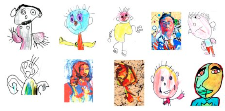 Fig. 22. Serie 3 autorretrato. Dibujos de niños del jardín infantil Mariposas (2012). Ejercicio comparativo de autorretratos entre los dibujos de varios niños y niñas de Mariposas con los autorretratos de
                        artistas como Picasso, Kandinsky, Claudia Jaimes y Twombly.