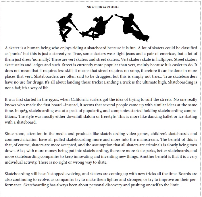 Retrieved and adapted from Skateboarding. (2010). A brief