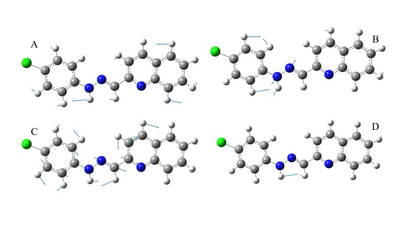 
Figure 8. Displacement
vectors for selected vibrational modes. A) C-H bending. B) N-N stretching. C)
C=N stretching. D) N-H bending. 