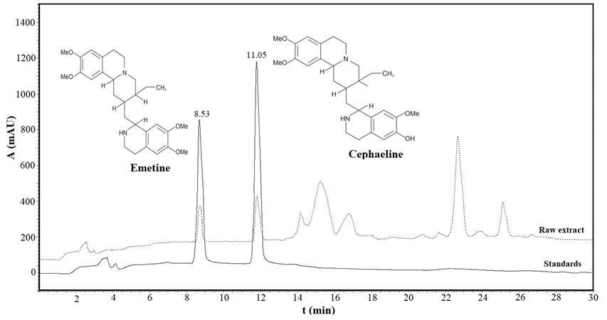 HPLC chromatogram of emetine and cephaeline standards (black uniform line) and chormatogram of the extract (pointed line).