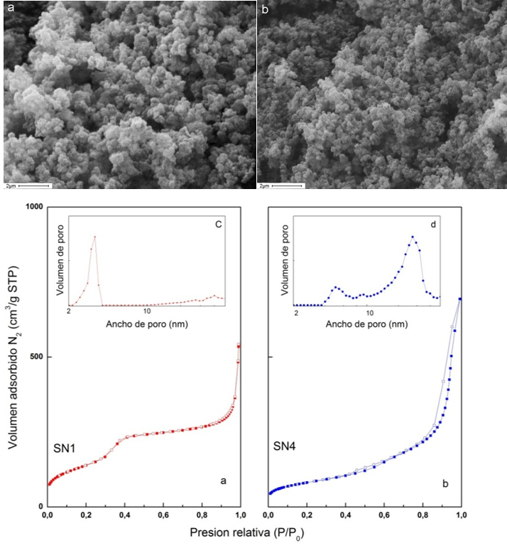 Imágenes obtenidas por SEM de los materiales SN1 (a) y SN3 (b). Isotermas de adsorción-desorción de nitrógeno y DTP de muestras representativas de los materiales SNX (c) y (d).