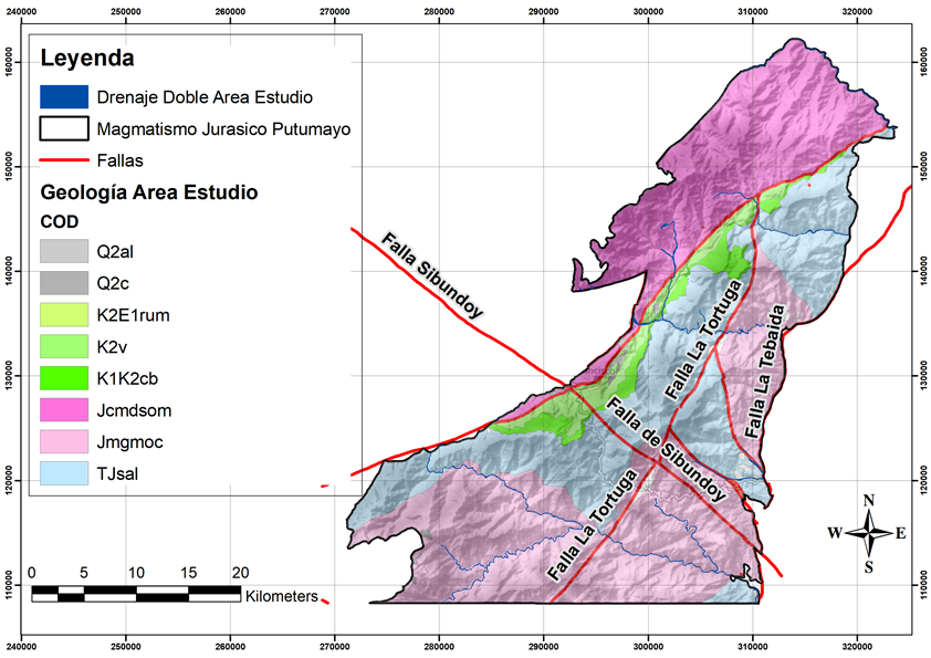 Mapa geológico y estructuras principales del área de estudio