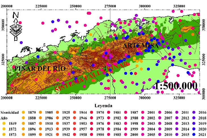 Evolución temporal de la sismicidad en el tiempo Escala 1: 5 000 000. La figura muestra la tendencia al agrupamiento de los epicentros
