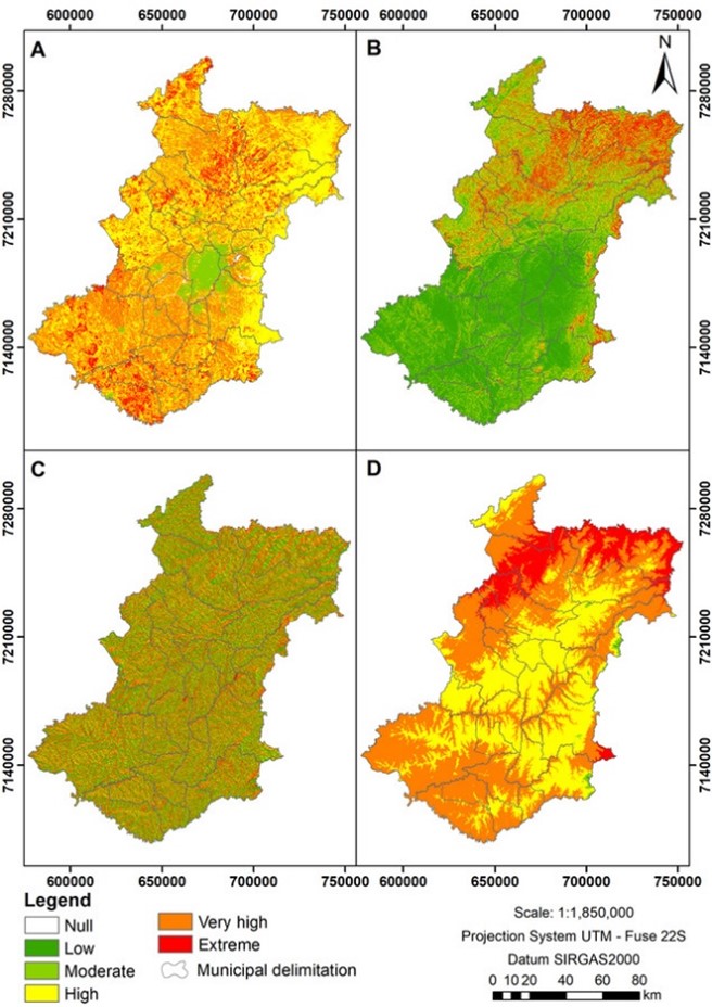 Fire risk map for metropolitan region of Curitiba according to: A) Land cover and use; B) Slope; C) Orientation; and D) Altimetry.