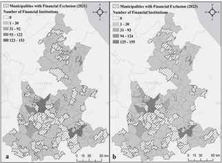 Classification of municipalities in the state of Puebla by financial inclusion and exclusion in 2021 (a) and 2023 (b).  Source: own elaboration based on information from INEGI (2023) [13].