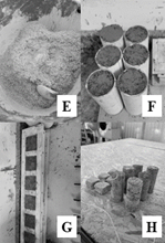 Production of composites, where (a) Drum chipper. (b) Wiley mill. (c) Set of vibrating sieves. (d) Oven drying. (e) Mixing of materials. (f) Molded cylindrical composites. (g) Molded prismatic composites. (h) Finished composites