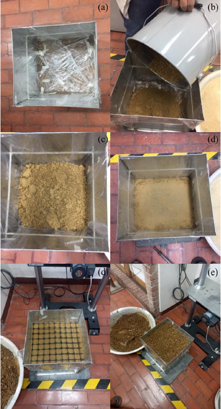 Construcción del modelo físico: a) protección de la caja metálica; b) colocación la subrasante; c) compactación de la primera capa de subrasante; d) compactación subrasante; e) colocación de la geomalla; f) colocación del material de mejoramiento.