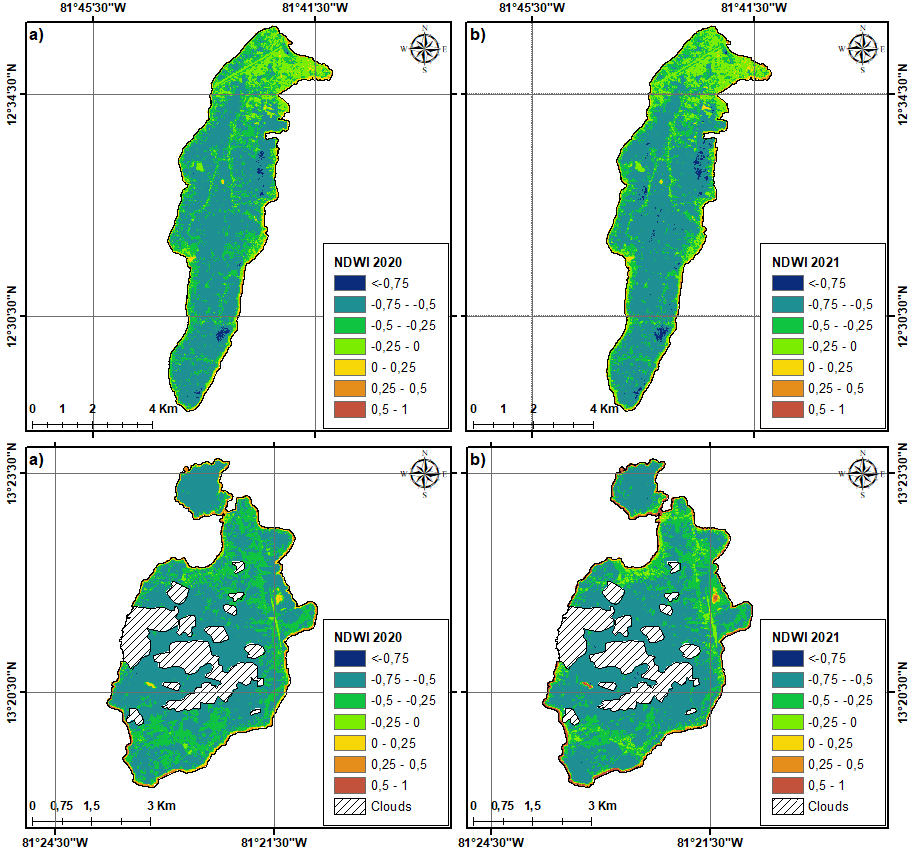 NDWI for the island of San Andres (lower panel) and Providencia and Santa Catalina (upper panel) for the year a) 2020 and b) 2021