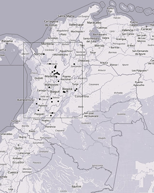 Location of the Colombian hydroelectric projects with installed capacity greater than 20 MW. 