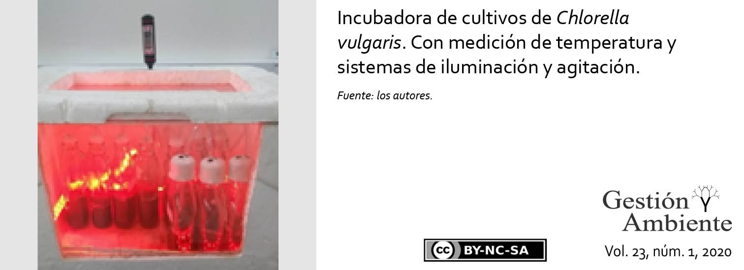 Incubadora de cultivos de Chlorella vulgaris. Con medición de temperatura y sistemas de iluminación y agitación. Fuente: los autores.