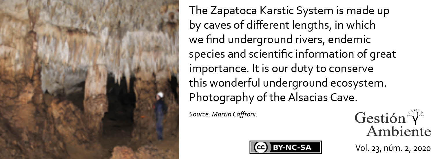 The Zapatoca Karstic System is made up by caves of different lengths, in which we find underground rivers, endemic species and scientific information of great importance. It is our duty to conserve this wonderful underground ecosystem. Photography of the Alsacias Cave. Source: M. Caffroni
