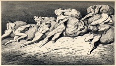 Canto séptimo, los avaros y los pródigos, ilustración de Paul Gustave Doré. Este material está en dominio público en los demás países donde el derecho de autor se extiende por 100 años (o menos) tras la muerte del autor.