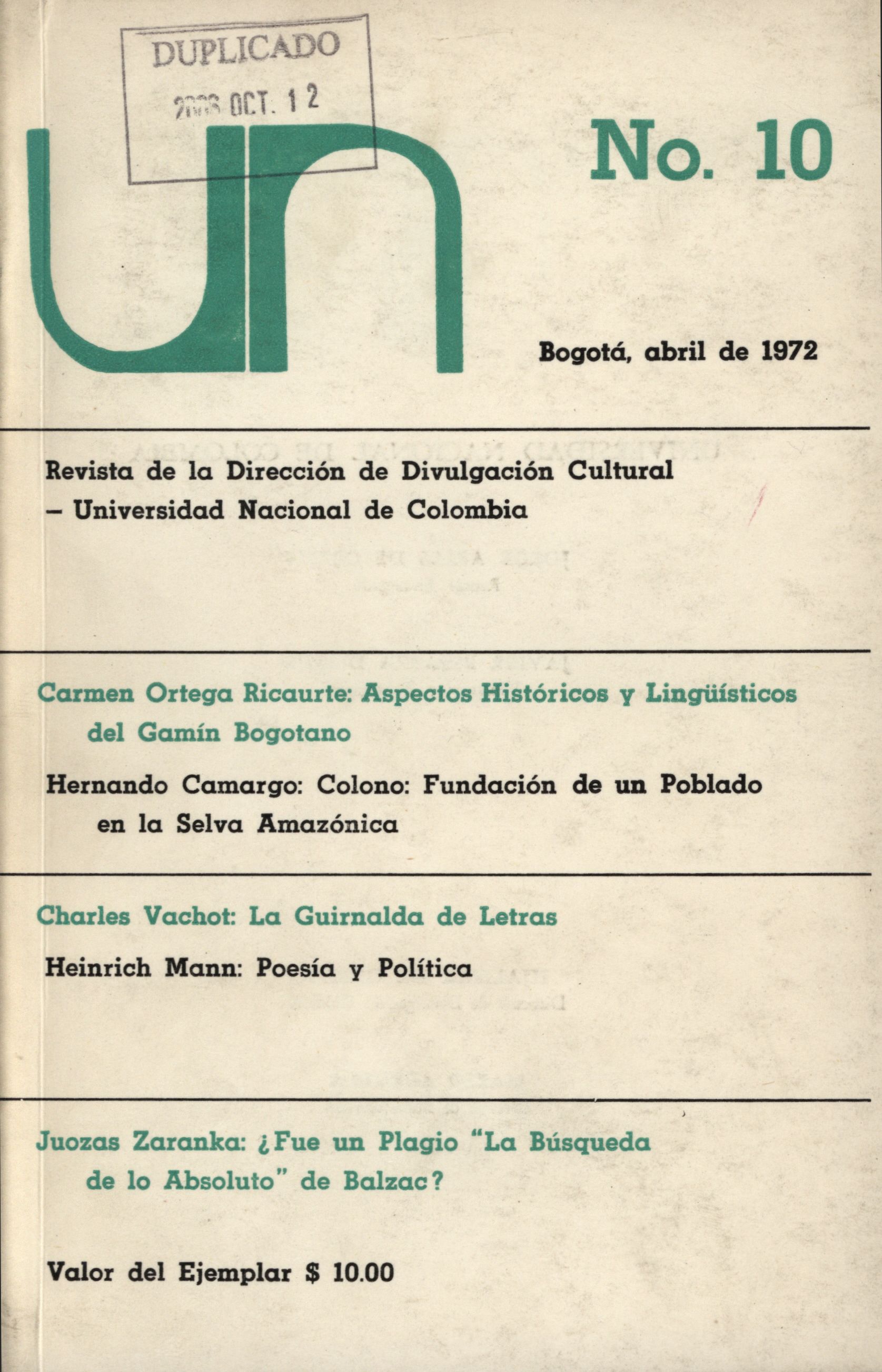 Revista de la Dirección de Divulgación Cultural Universidad Nacional No. 10 (Abr. 1972)
