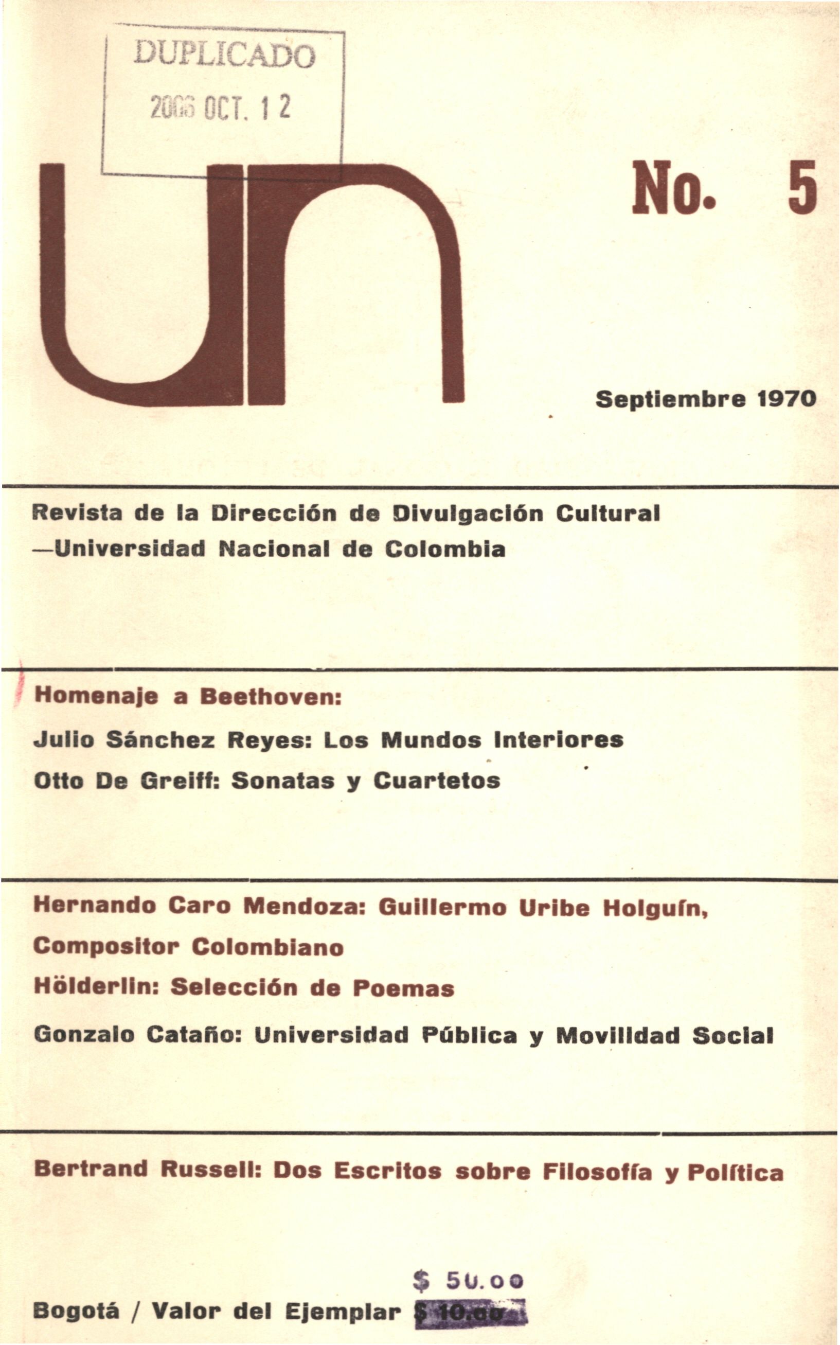 Revista de la Direccion de Divulgación Cultural Universidad Nacional de Colombia No. 5 (sep, 1970)