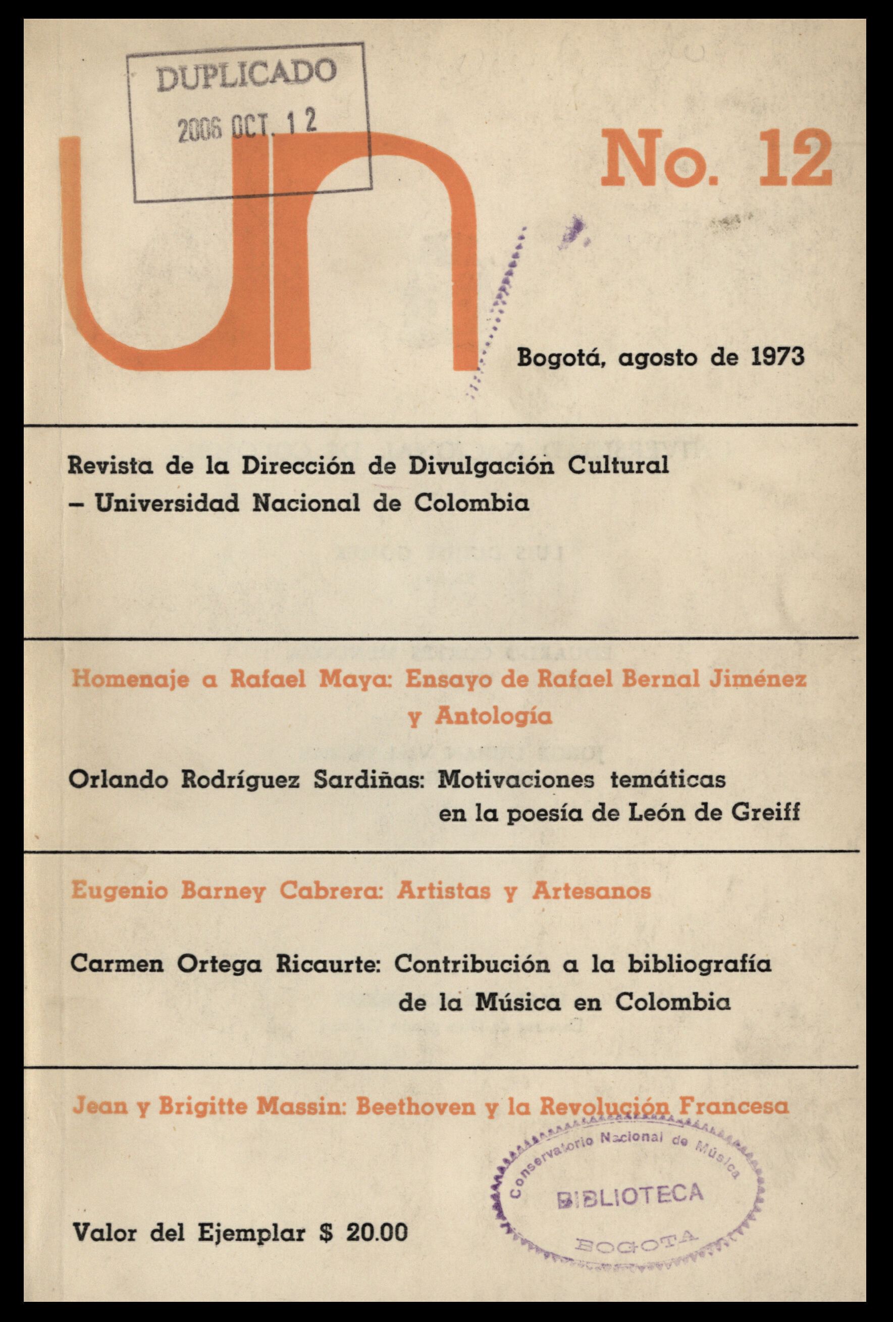 Revista de la Dirección de Divulgación Cultural Universidad Nacional de Colombia No. 12 (Ago, 1973)