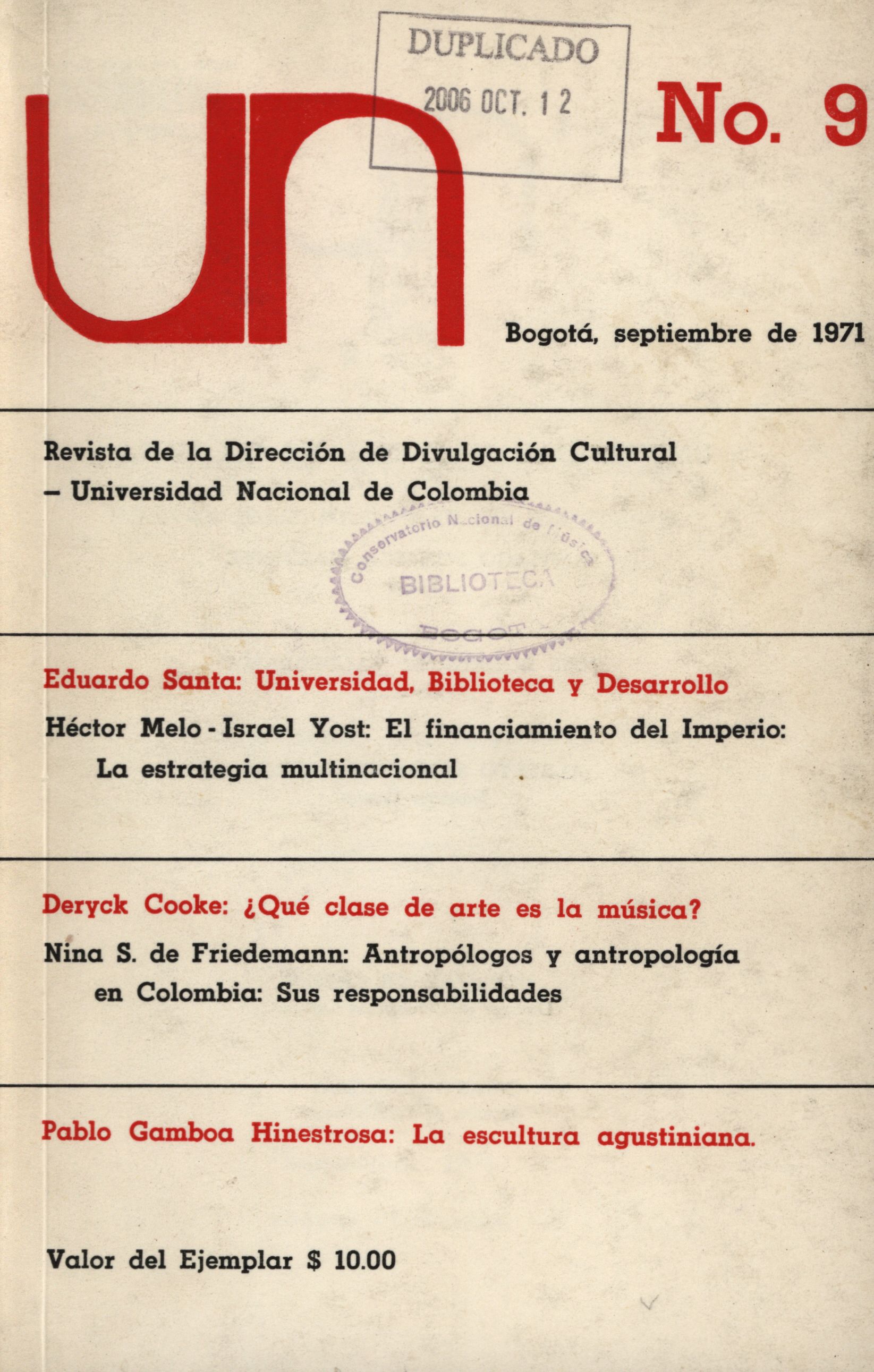 Revista de la Dirección de Divulgación Cultural Universidad Nacional de Colombia No. 9 (Sep, 1971)